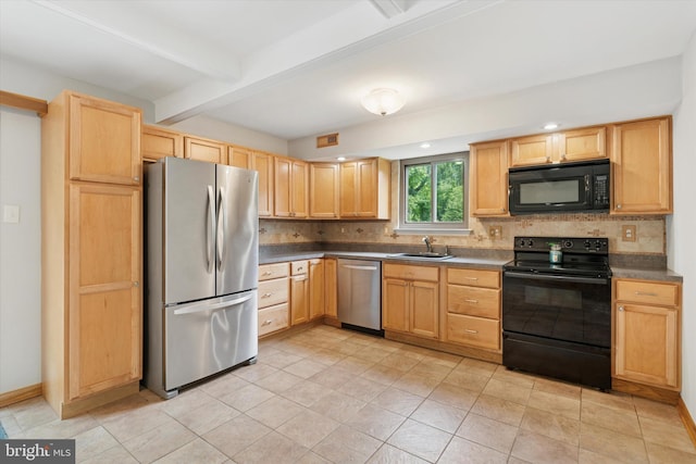 3447 Norwood Pl, Southampton, PA 18966 - kitchen featuring black appliances, light brown cabinets, beam ceiling, decorative backsplash, and dark countertops