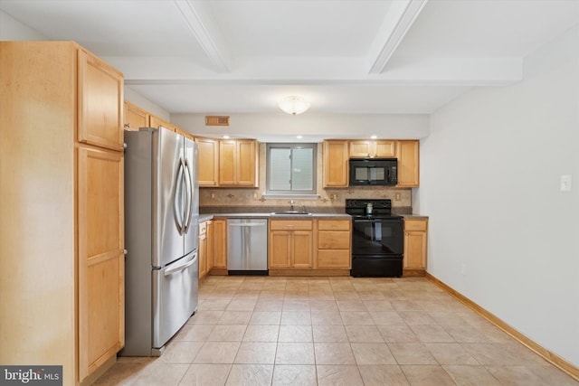 3447 Norwood Pl, Southampton, PA 18966 - kitchen with black appliances, beamed ceiling, tasteful backsplash, light brown cabinetry, and light tile patterned flooring