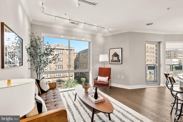2550 17th St NW Unit 414, Washington, DC 20009 - living area with rail lighting, wood finished floors, baseboards, and ornamental molding