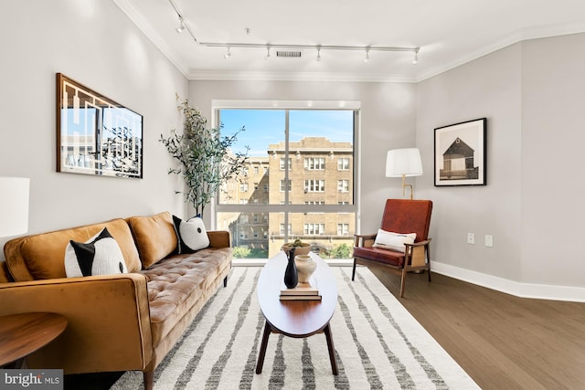 2550 17th St NW Unit 414, Washington, DC 20009 - living room with rail lighting, wood finished floors, ornamental molding, and baseboards