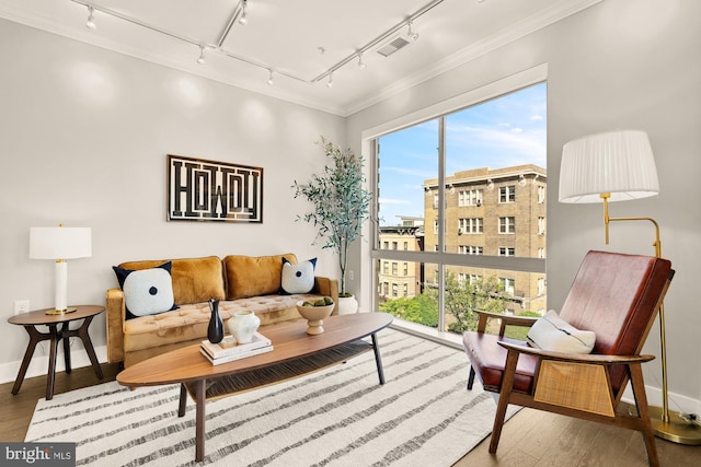2550 17th St NW Unit 414, Washington, DC 20009 - living area featuring rail lighting, wood finished floors, healthy amount of natural light, and ornamental molding