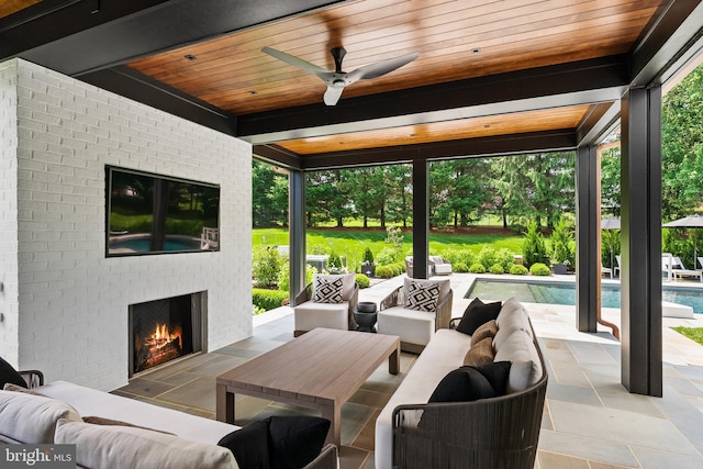 12220 Worthington Rd, Owings Mills, MD 21117 - view of patio / terrace featuring an outdoor living space with a fireplace, an outdoor pool, and ceiling fan