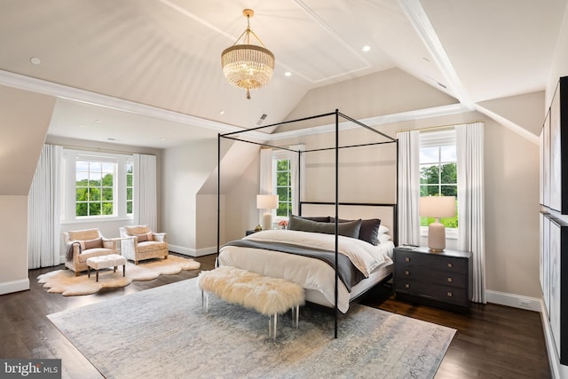 12220 Worthington Rd, Owings Mills, MD 21117 - bedroom with multiple windows, a chandelier, vaulted ceiling, dark wood-style flooring, and recessed lighting