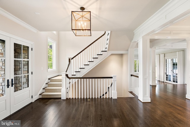 12220 Worthington Rd, Owings Mills, MD 21117 - entryway with french doors, wood finished floors, a chandelier, and stairs