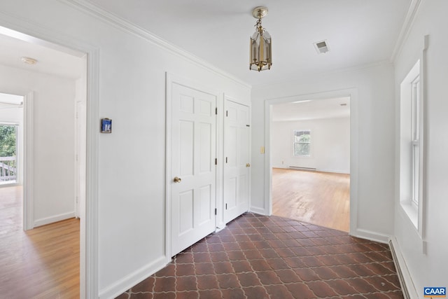 104 Chaucer Rd, Charlottesville, VA 22901 - corridor with healthy amount of natural light, crown molding, baseboards, and dark wood finished floors