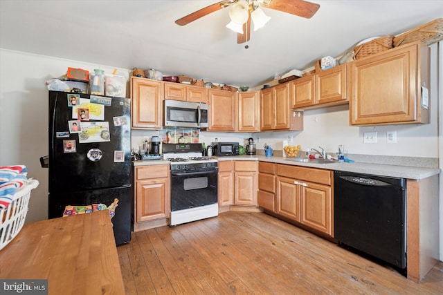 523 Bloomfield Ave, Drexel Hill, PA 19026 - kitchen with black appliances, light countertops, light wood-type flooring, ceiling fan, and light brown cabinets