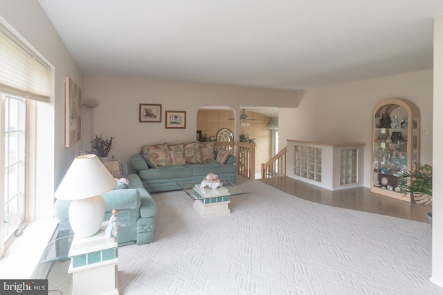 167 Canterbury Rd, Mount Laurel, NJ 08054 - living room featuring ceiling fan, arched walkways, and wood finished floors