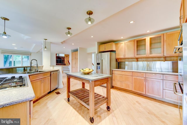 22 Slayback Dr, Princeton Junction, NJ 08550 - kitchen featuring stainless steel appliances, light brown cabinetry, light wood-type flooring, glass insert cabinets, and recessed lighting
