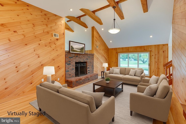 22 Slayback Dr, Princeton Junction, NJ 08550 - living room featuring wood walls, a fireplace, high vaulted ceiling, beam ceiling, and recessed lighting