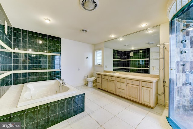 22 Slayback Dr, Princeton Junction, NJ 08550 - bathroom featuring a jetted tub, vanity, tile patterned flooring, a stall shower, and recessed lighting