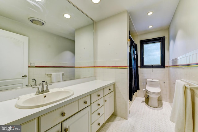 22 Slayback Dr, Princeton Junction, NJ 08550 - bathroom featuring tile walls, tile patterned floors, vanity, a wainscoted wall, and curtained shower