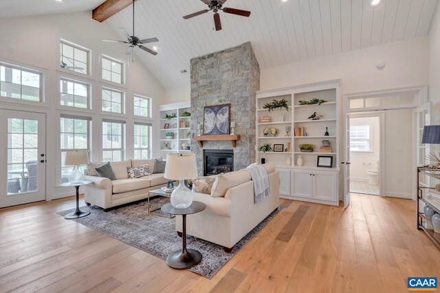 6119-3 Jarmans Gap Rd Lot 3Jarmans, Gap, Crozet, VA 22932 - living room featuring a fireplace, high vaulted ceiling, ceiling fan, light wood finished floors, and beam ceiling