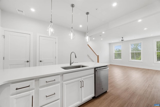 678 Noush Ct Unit A, Charlottesville, VA 22911 - kitchen featuring a sink, stainless steel dishwasher, white cabinetry, recessed lighting, and hanging light fixtures