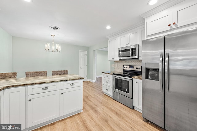12542 Torquay Rd, Ocean City, MD 21842 - kitchen with stainless steel appliances, white cabinets, decorative backsplash, light wood-style flooring, and a chandelier
