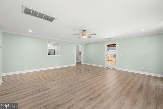 12542 Torquay Rd, Ocean City, MD 21842 - unfurnished room with recessed lighting, baseboards, ceiling fan, light wood-style floors, and crown molding