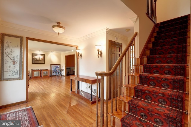 1 Willow Brook Ln, Annandale, NJ 08801 - stairway with crown molding, wood-type flooring, and baseboards