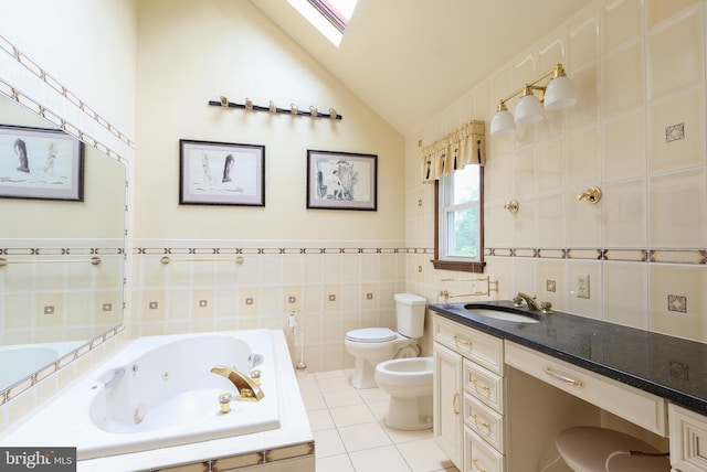 1 Willow Brook Ln, Annandale, NJ 08801 - bathroom featuring a skylight, a whirlpool tub, toilet, tile patterned floors, and a bidet