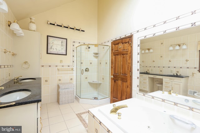 1 Willow Brook Ln, Annandale, NJ 08801 - bathroom with tile patterned floors, a shower stall, tile walls, double vanity, and vaulted ceiling