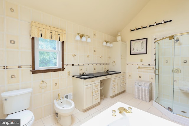 1 Willow Brook Ln, Annandale, NJ 08801 - bathroom with tile walls, a stall shower, tile patterned flooring, toilet, and vanity