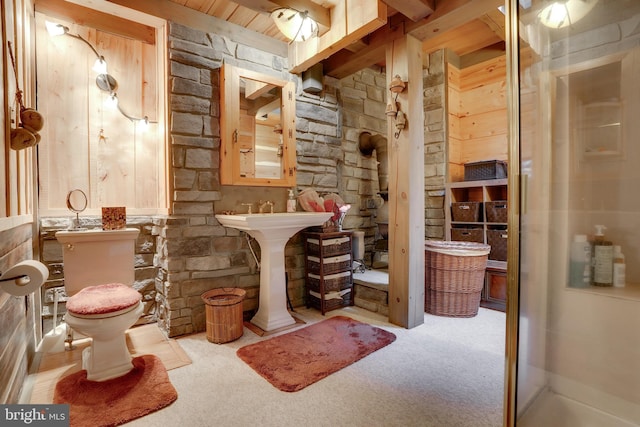 349 Covalt Rd, Needmore, PA 17238 - bathroom with toilet, a sink, and wood ceiling with exposed beams