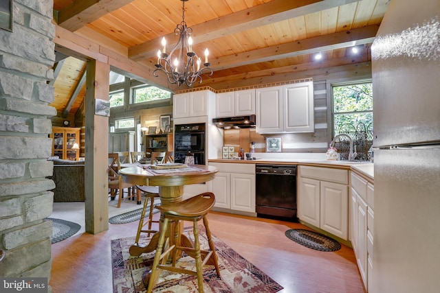 349 Covalt Rd, Needmore, PA 17238 - kitchen featuring black appliances, wooden ceiling, a sink, light wood finished floors, and healthy amount of natural light