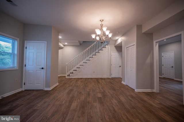 511 S Kent St, Winchester, VA 22601 - unfurnished living room with dark wood finished floors, stairs, a chandelier, baseboards, and recessed lighting
