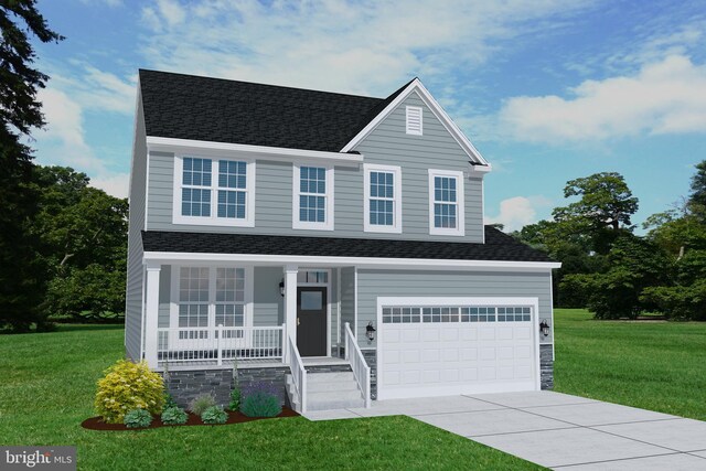 414 Bellflower Way Fallston Plan, Townsend, DE 19734 - traditional home featuring a porch, driveway, a garage, and a front lawn