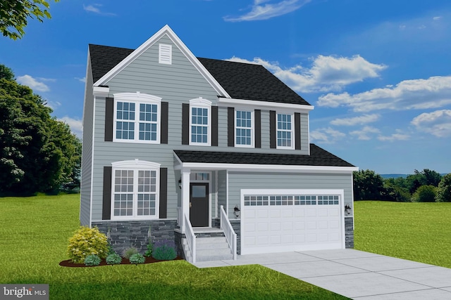 414 Bellflower Way Fallston Plan, Townsend, DE 19734 - traditional-style house featuring concrete driveway, stone siding, a front lawn, and a shingled roof