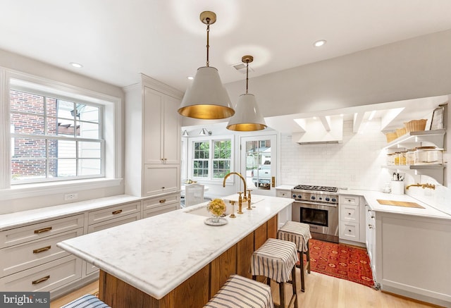 7006 Meadow Ln, Chevy Chase, MD 20815 - kitchen with high end stainless steel range oven, a sink, light wood-type flooring, a center island with sink, and backsplash
