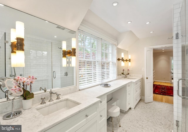 7006 Meadow Ln, Chevy Chase, MD 20815 - bathroom featuring recessed lighting, vanity, a shower stall, tile patterned floors, and baseboards