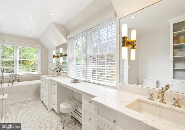 7006 Meadow Ln, Chevy Chase, MD 20815 - bathroom featuring vanity, a bath, recessed lighting, toilet, and tile patterned flooring