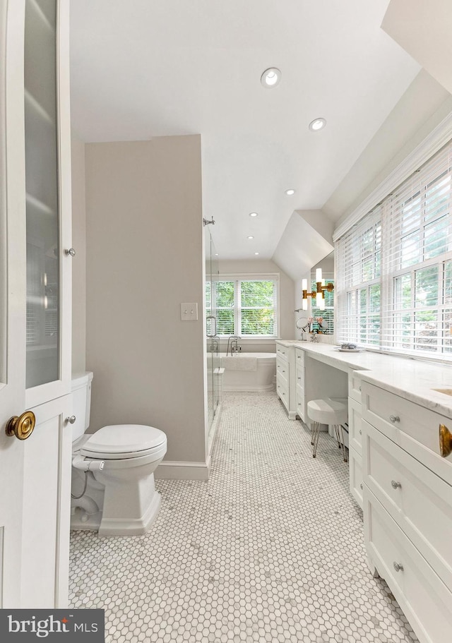 7006 Meadow Ln, Chevy Chase, MD 20815 - bathroom with toilet, a stall shower, vanity, recessed lighting, and vaulted ceiling