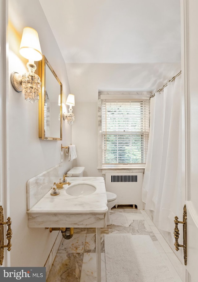 7006 Meadow Ln, Chevy Chase, MD 20815 - bathroom featuring radiator heating unit, marble look tile flooring, a sink, toilet, and curtained shower