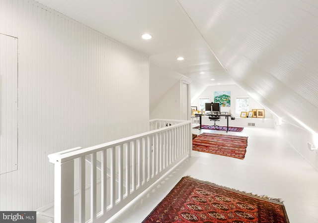 7006 Meadow Ln, Chevy Chase, MD 20815 - hallway with lofted ceiling, an upstairs landing, an office area, and recessed lighting