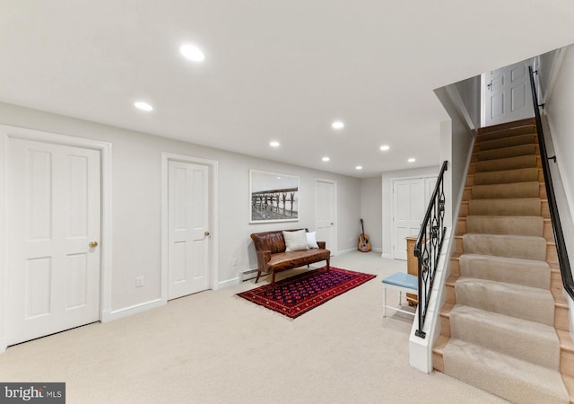 7006 Meadow Ln, Chevy Chase, MD 20815 - living area featuring stairs, recessed lighting, carpet, and baseboards