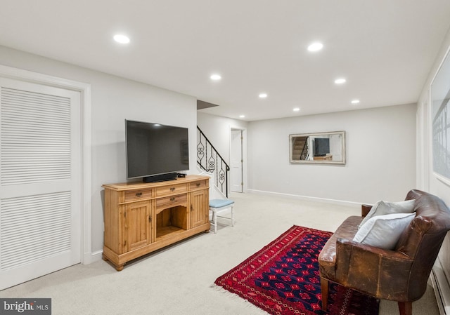 7006 Meadow Ln, Chevy Chase, MD 20815 - living room with recessed lighting, stairway, light colored carpet, and baseboards