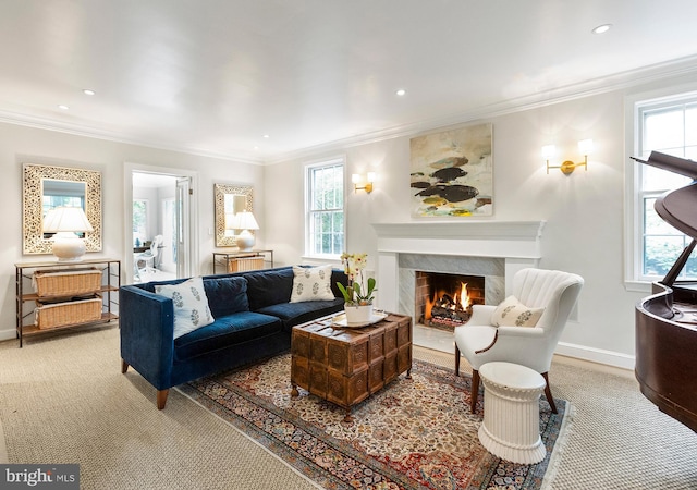 7006 Meadow Ln, Chevy Chase, MD 20815 - living room featuring carpet floors, plenty of natural light, a fireplace, crown molding, and recessed lighting