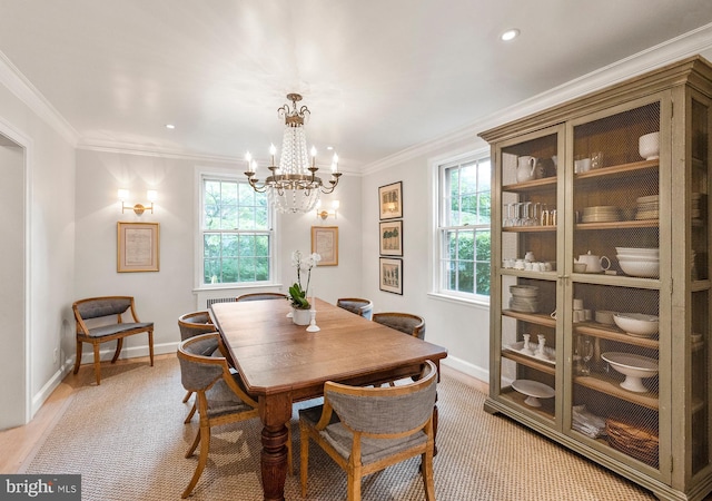 7006 Meadow Ln, Chevy Chase, MD 20815 - dining space with plenty of natural light, a chandelier, baseboards, ornamental molding, and recessed lighting