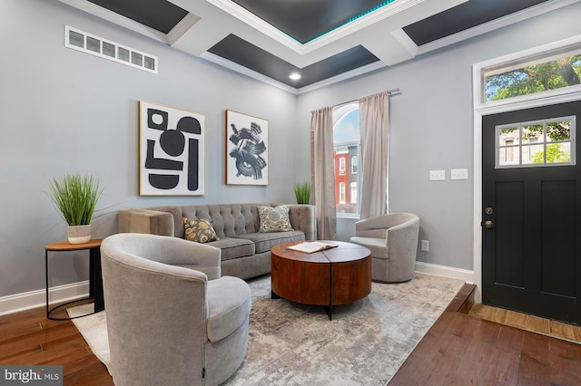 1513 N Wolfe St, Baltimore, MD 21213 - living room with wood finished floors, coffered ceiling, baseboards, crown molding, and beamed ceiling