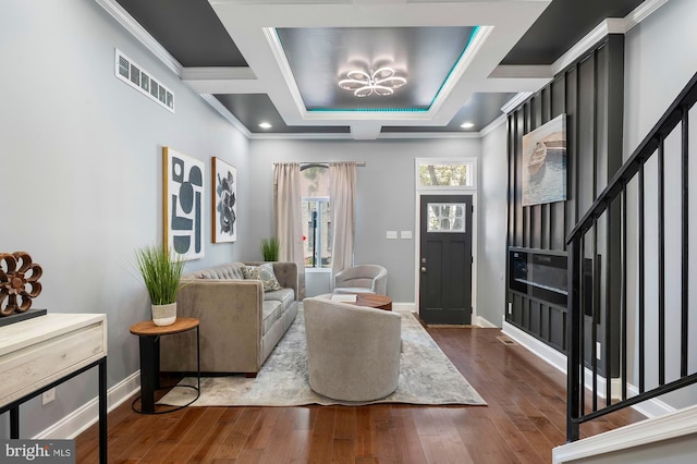 1513 N Wolfe St, Baltimore, MD 21213 - foyer entrance featuring stairs, coffered ceiling, crown molding, baseboards, and hardwood / wood-style flooring