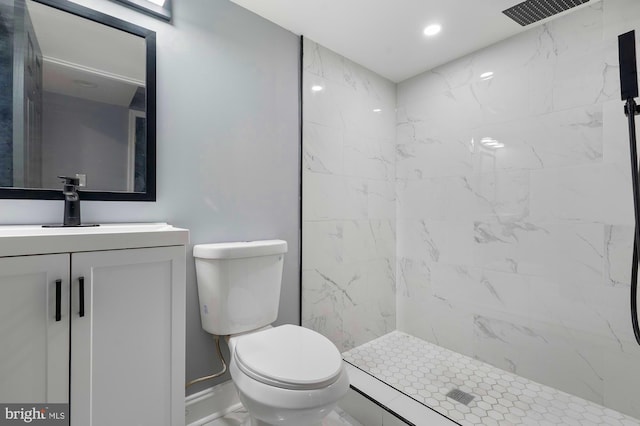 1513 N Wolfe St, Baltimore, MD 21213 - bathroom with toilet, a marble finish shower, vanity, and recessed lighting
