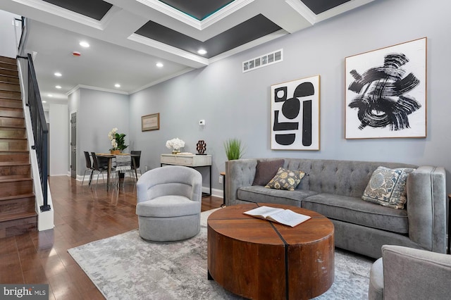 1513 N Wolfe St, Baltimore, MD 21213 - living room with ornamental molding, stairway, coffered ceiling, wood finished floors, and recessed lighting