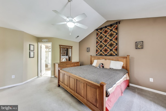11211 Little Fox Ln, Germantown, MD 20876 - bedroom with light carpet, baseboards, vaulted ceiling, and ceiling fan