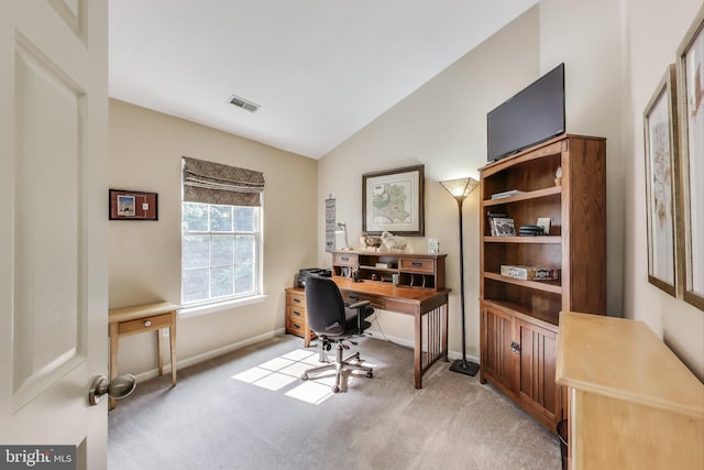 11211 Little Fox Ln, Germantown, MD 20876 - home office with light colored carpet, lofted ceiling, and baseboards