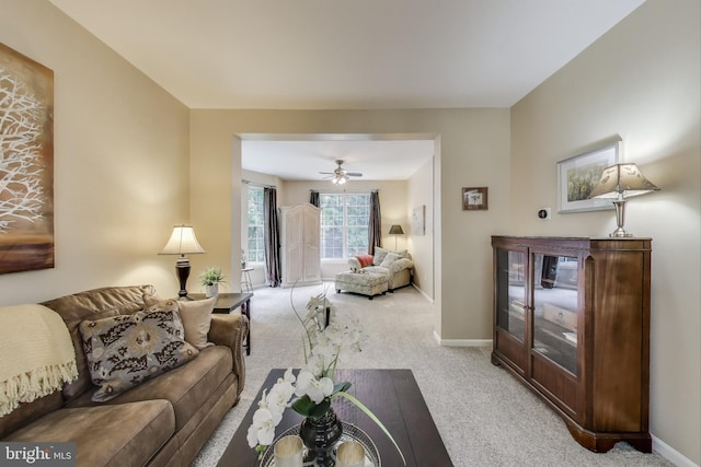 11211 Little Fox Ln, Germantown, MD 20876 - living room with light carpet, baseboards, and a ceiling fan