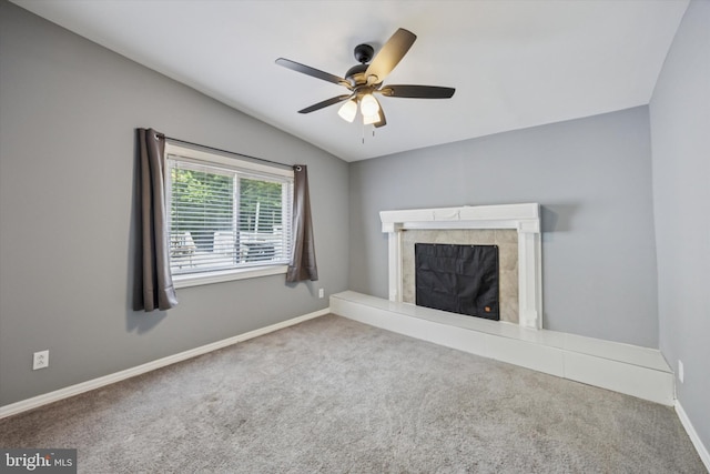 1013 S Scott Ave, Lindenwold, NJ 08021 - unfurnished living room with carpet flooring, a fireplace, a ceiling fan, baseboards, and lofted ceiling
