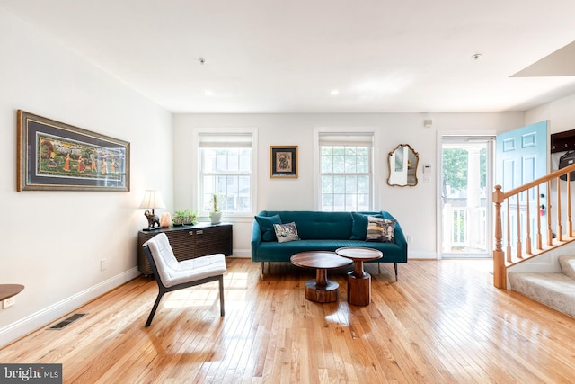 3111 Tilden Dr, Baltimore, MD 21211 - living room featuring plenty of natural light, stairs, hardwood / wood-style floors, and baseboards