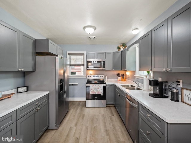 117 Washington Ave, Front Royal, VA 22630 - kitchen featuring stainless steel appliances, light wood-style flooring, gray cabinets, and light countertops