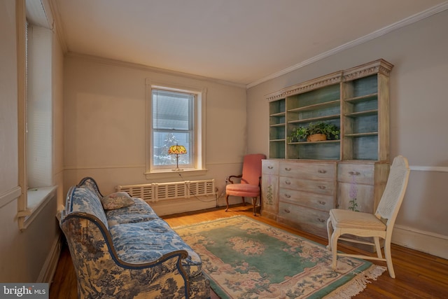 122 Merion Ave, Narberth, PA 19072 - sitting room with radiator, crown molding, wood finished floors, and baseboards