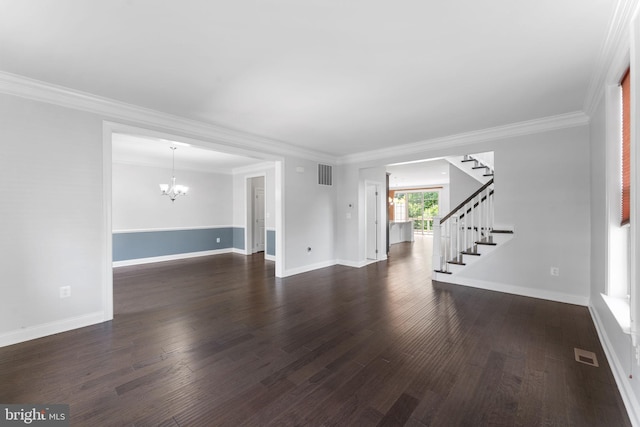 22559 Windsor Locks Sq, Ashburn, VA 20148 - unfurnished living room featuring a chandelier, dark wood-type flooring, stairs, crown molding, and baseboards
